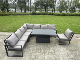 Rackhams 7 Seater Aluminium Garden Furniture Set with Cushions, Patio Furniture Set with Adjustable Rising Dining Table - Dark Grey - thumbnail 2