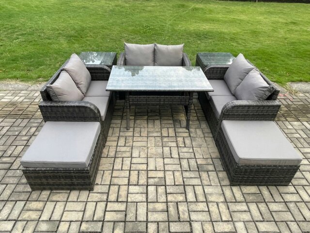 Rackhams Outdoor Rattan Garden Furniture Lounge Sofa Set With Oblong Rectangular Dining Table 2 Big Footstool 2 Side Tables - image 1