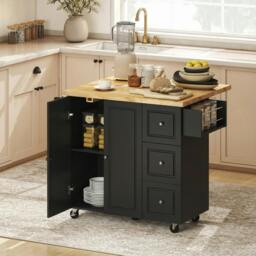 Rackhams Rolling Kitchen Island, Kitchen Storage Trolley w/ Drop Leaf, Drawers - Kitchen Island - Black - 1 - thumbnail 1