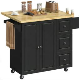 Rackhams Rolling Kitchen Island, Kitchen Storage Trolley w/ Drop Leaf, Drawers - Kitchen Island - Black - 1 - thumbnail 3