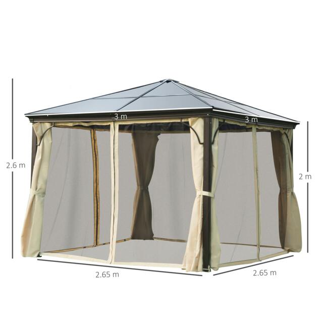 Rackhams 3 x 3.6m Hardtop Gazebo Canopy with Mosquito Netting and Curtains - Beige - 300cm x 300cm x 265cm