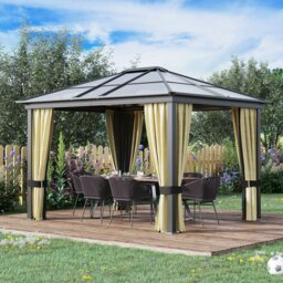 Rackhams 3 x 3.6m Hardtop Gazebo Canopy with Mosquito Netting and Curtains - Beige - 300cm x 300cm x 265cm - thumbnail 2