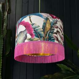 "Rackhams Ice Jungle Lampshade With Gold Lining and Candy Floss Pink Fringing - Table / Floor Lamp - 40cm Diameter x 25cm Height (16"" x 10"")" - thumbnail 2