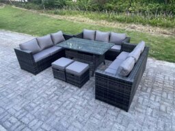 Rackhams 11 Seater Outdoor Wicker Garden Furniture Rattan Lounge Sofa Set Patio Rectangular Dining Table with 2 Small Footstool Dark Grey Mixed - thumbnail 2