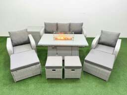 Rackhams PE Rattan Lounge Sofa Set 9 Seater Outdoor Garden Furniture Set with Gas Fire Pit Table 3 Seater Sofa 2 Big Footstools Side Table Light Grey - thumbnail 1