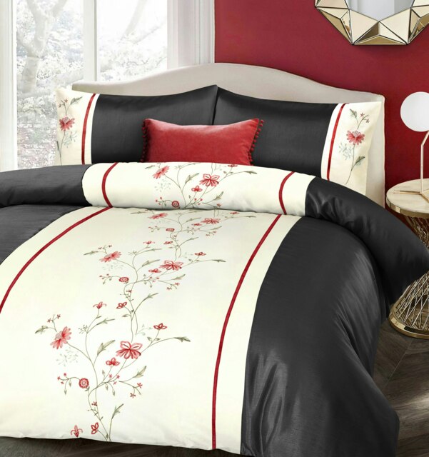 Rackhams Luxury Faux Silk Emboridered Sapphire Duvet Cover & Pillowcase Set - Cream - Double - image 1