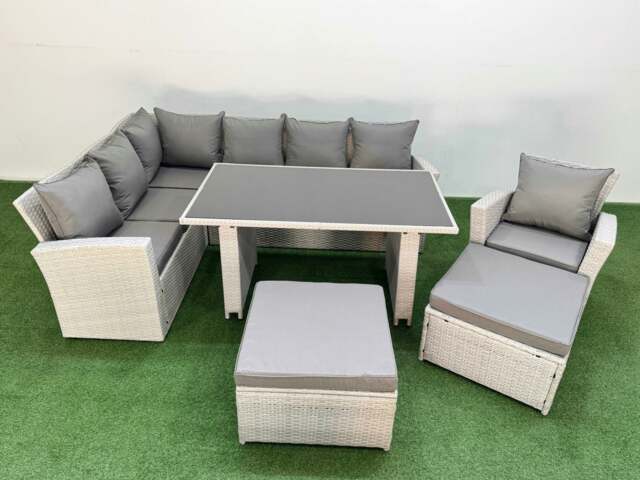 Rackhams 9 Seater Rattan Corner Sofa Set Outdoor Garden Furniture Set with Rectangular Dining Table Lounge Sofa 2 Big Footstools Armchair Light Grey - image 1