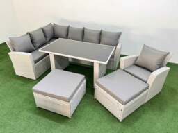 Rackhams 9 Seater Rattan Corner Sofa Set Outdoor Garden Furniture Set with Rectangular Dining Table Lounge Sofa 2 Big Footstools Armchair Light Grey - thumbnail 2