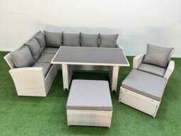 Rackhams 9 Seater Rattan Corner Sofa Set Outdoor Garden Furniture Set with Rectangular Dining Table Lounge Sofa 2 Big Footstools Armchair Light Grey - thumbnail 1