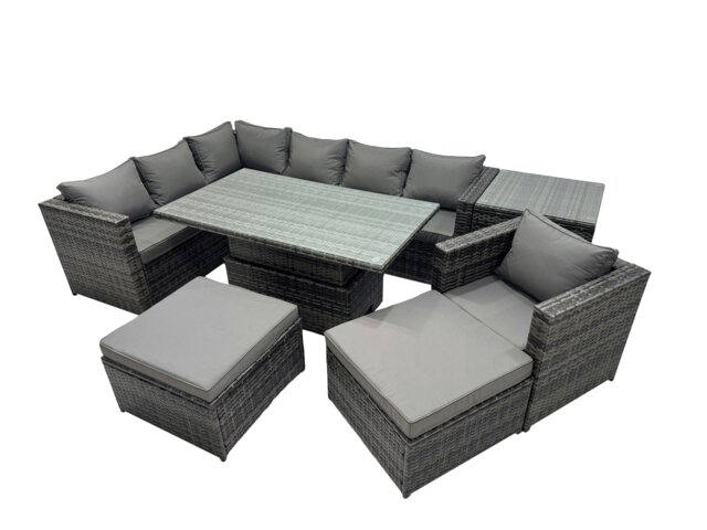 Rackhams 9 seater Height Adjustable Rising Lifting Table Corner Sofa Set Rattan Garden Furniture Dining Set with Side Table 2 Big Stool Dark Grey Mixed - image 1