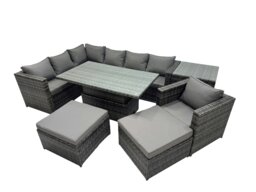 Rackhams 9 seater Height Adjustable Rising Lifting Table Corner Sofa Set Rattan Garden Furniture Dining Set with Side Table 2 Big Stool Dark Grey Mixed - thumbnail 1
