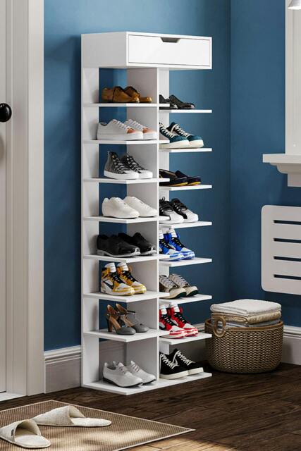 Rackhams 9/8 Tier Open shelves Space Saving Shoe Rack with Drawer Storage Organiser - White - XL - image 1