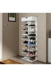 Rackhams 9/8 Tier Open shelves Space Saving Shoe Rack with Drawer Storage Organiser - White - XL - thumbnail 2