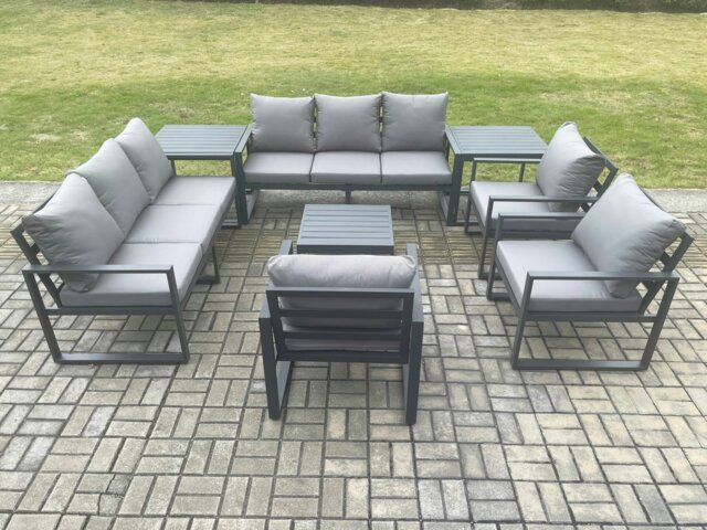Rackhams Aluminium Outdoor Garden Furniture Set Patio Lounge Sofa with Square Coffee Table 3 Armchairs 2 Side Tables Dark Grey - image 1