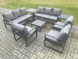 Rackhams Aluminium Outdoor Garden Furniture Set Patio Lounge Sofa with Square Coffee Table 3 Armchairs 2 Side Tables Dark Grey - thumbnail 2