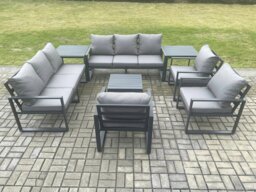 Rackhams Aluminium Outdoor Garden Furniture Set Patio Lounge Sofa with Square Coffee Table 3 Armchairs 2 Side Tables Dark Grey - thumbnail 1