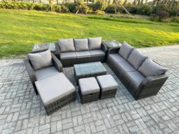 Rackhams 10-Seater Rattan Outdoor Lounge Sofa Set - Rectangular Coffee Table, 3-Seater Sofa, 3 Footstools, 2 Side Tables - Dark Grey - thumbnail 2