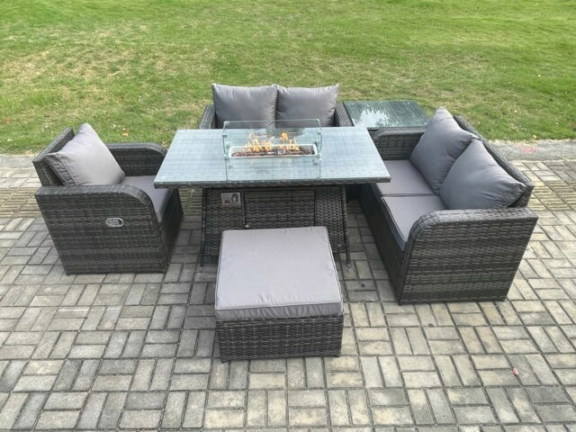 Rackhams Patio Rattan Garden Furniture Set with Gas Fire Pit Dining Table,Big Footstool and Side Table Indoor Outdoor 6 piece Love Sofa set - image 1