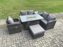 Rackhams Patio Rattan Garden Furniture Set with Gas Fire Pit Dining Table,Big Footstool and Side Table Indoor Outdoor 6 piece Love Sofa set - thumbnail 2