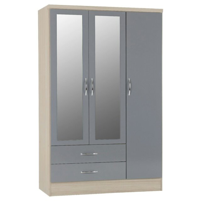 Rackhams Nevada 3 Door 2 Drawer Mirrored Wardrobe - Grey Gloss and Light Oak - image 1
