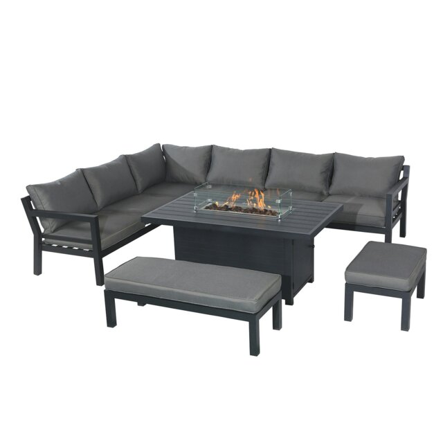 Rackhams Outdoor Gas Fire Pit 8 Seater Dining Table Set, Corner Sofa with Soft Cushions & 2 Benches - Gray - image 1