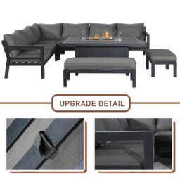Rackhams Outdoor Gas Fire Pit 8 Seater Dining Table Set, Corner Sofa with Soft Cushions & 2 Benches - Gray - thumbnail 4