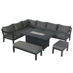 Rackhams Outdoor Gas Fire Pit 8 Seater Dining Table Set, Corner Sofa with Soft Cushions & 2 Benches - Gray - thumbnail 3