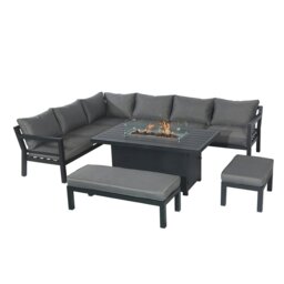 Rackhams Outdoor Gas Fire Pit 8 Seater Dining Table Set, Corner Sofa with Soft Cushions & 2 Benches - Gray - thumbnail 1