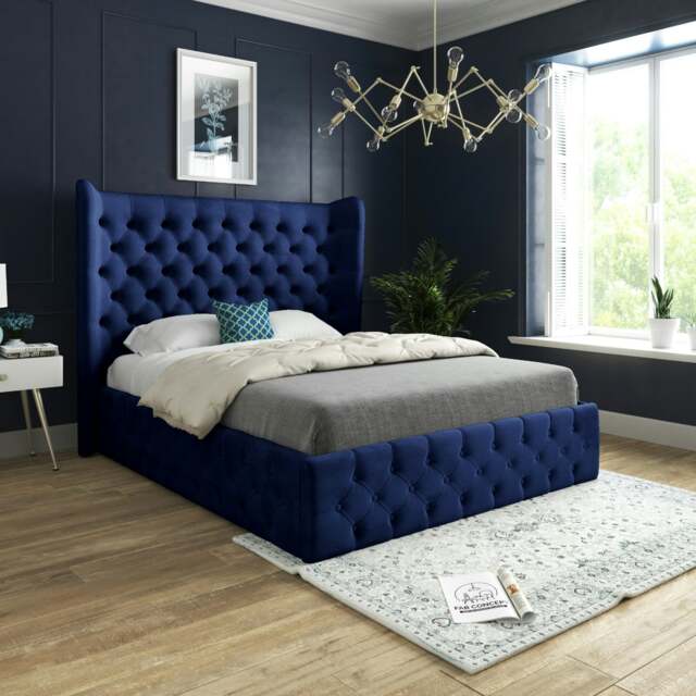 Rackhams Florence Wide Winged Upholstered Soft Velvet Bed Frame - Blue - Blue - Small single - image 1