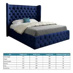 Rackhams Florence Wide Winged Upholstered Soft Velvet Bed Frame - Blue - Blue - Small single - thumbnail 4
