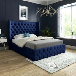 Rackhams Florence Wide Winged Upholstered Soft Velvet Bed Frame - Blue - Blue - Small single - thumbnail 1