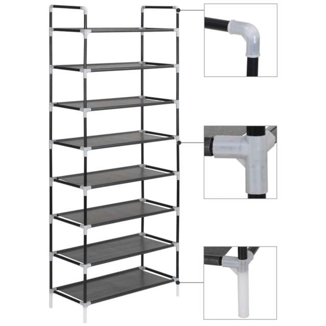 Rackhams Shoe Rack with 8 Shelves Metal and Non-woven Fabric Black