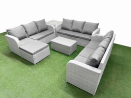 Rackhams 10-Seater Light Grey PE Rattan Outdoor Lounge Set - Rectangular Coffee Table, 3-Seater Sofa, Large Footstool, Side Table - thumbnail 2