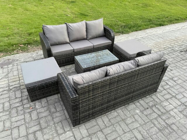 Rackhams 8 Seater Dark Grey Mixed Rattan Outdoor Sofa Set - Rectangular Coffee Table, 3-Seater Sofa & 2 Big Footstools - image 1