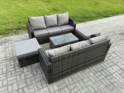 Rackhams 8 Seater Dark Grey Mixed Rattan Outdoor Sofa Set - Rectangular Coffee Table, 3-Seater Sofa & 2 Big Footstools - thumbnail 1