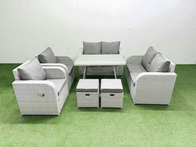 Rackhams 8 Seater Rattan Garden Furniture Set Outdoor Love Sofa Set with Rectangular Dining Table 2 Small Footstools Light Grey - image 1