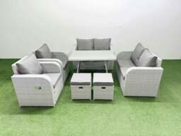 Rackhams 8 Seater Rattan Garden Furniture Set Outdoor Love Sofa Set with Rectangular Dining Table 2 Small Footstools Light Grey - thumbnail 1