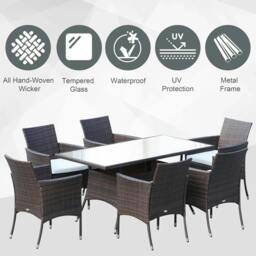 Rackhams 6 Seater Rattan Dining Set with Cushions, Rattan Garden Furniture Set with 6 Armchairs, Rectangular Glass Top Table, Brown - thumbnail 4