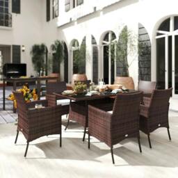 Rackhams 6 Seater Rattan Dining Set with Cushions, Rattan Garden Furniture Set with 6 Armchairs, Rectangular Glass Top Table, Brown - thumbnail 2