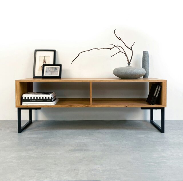 "Rackhams Henley TV Stand On Minimalist Square Legs - Medium 120cm (47"") wide - Iroko - 15cm (6"") high" - image 1