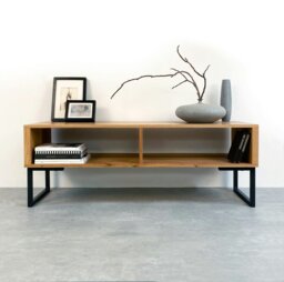 "Rackhams Henley TV Stand On Minimalist Square Legs - Medium 120cm (47"") wide - Iroko - 15cm (6"") high" - thumbnail 1
