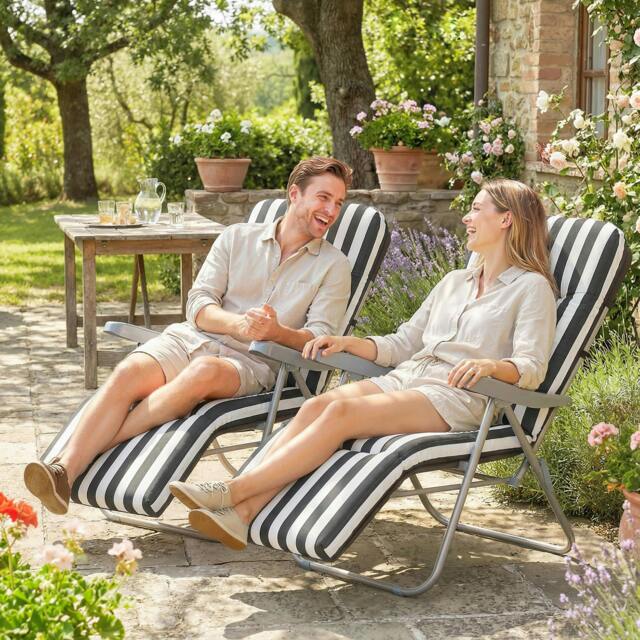Rackhams Set of 2 Adjustable Sun Lounger Recliner Reclining Seat - 60W x 75D x 102H cm - 2 - Grey and White Stripe - image 1