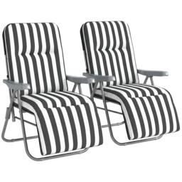 Rackhams Set of 2 Adjustable Sun Lounger Recliner Reclining Seat - 60W x 75D x 102H cm - 2 - Grey and White Stripe - thumbnail 2