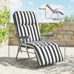 Rackhams Set of 2 Adjustable Sun Lounger Recliner Reclining Seat - 60W x 75D x 102H cm - 2 - Grey and White Stripe - thumbnail 3