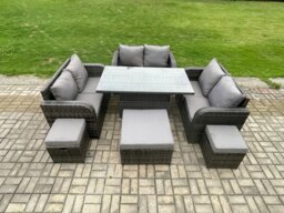Rackhams Rattan Garden Outdoor Furniture 3 PC Love Sofa Set Adjustable Rising lifting Dining Table With 3 Footstools - thumbnail 2