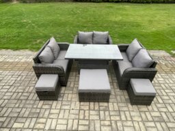 Rackhams Rattan Garden Outdoor Furniture 3 PC Love Sofa Set Adjustable Rising lifting Dining Table With 3 Footstools - thumbnail 1