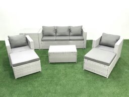 Rackhams Rattan Garden Furniture Set with 3 Seater Sofa 2 Chair Rectangular Coffee Table 2 Big Footstools Side Table Light Grey Mixed 7 Seater - thumbnail 2