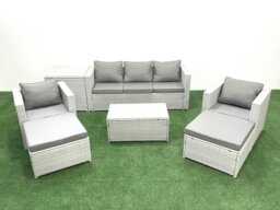 Rackhams Rattan Garden Furniture Set with 3 Seater Sofa 2 Chair Rectangular Coffee Table 2 Big Footstools Side Table Light Grey Mixed 7 Seater - thumbnail 1