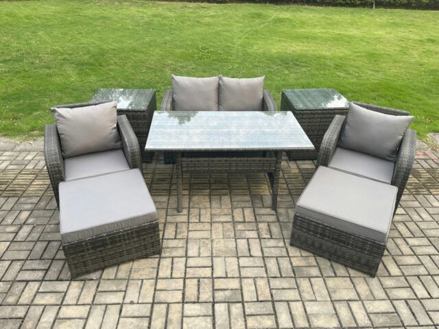 Rackhams Rattan Outdoor Garden Furniture Set Rectangular Dining Table and Chair Sofa Set With 2 Side Tables 2 Big Footstool Dark Grey Mixed - image 1