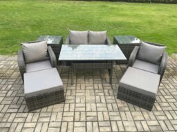 Rackhams Rattan Outdoor Garden Furniture Set Rectangular Dining Table and Chair Sofa Set With 2 Side Tables 2 Big Footstool Dark Grey Mixed - thumbnail 1